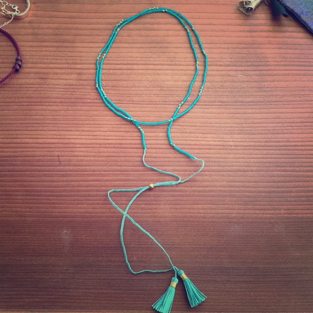 Double wrap or on wrap blue necklace +tassels